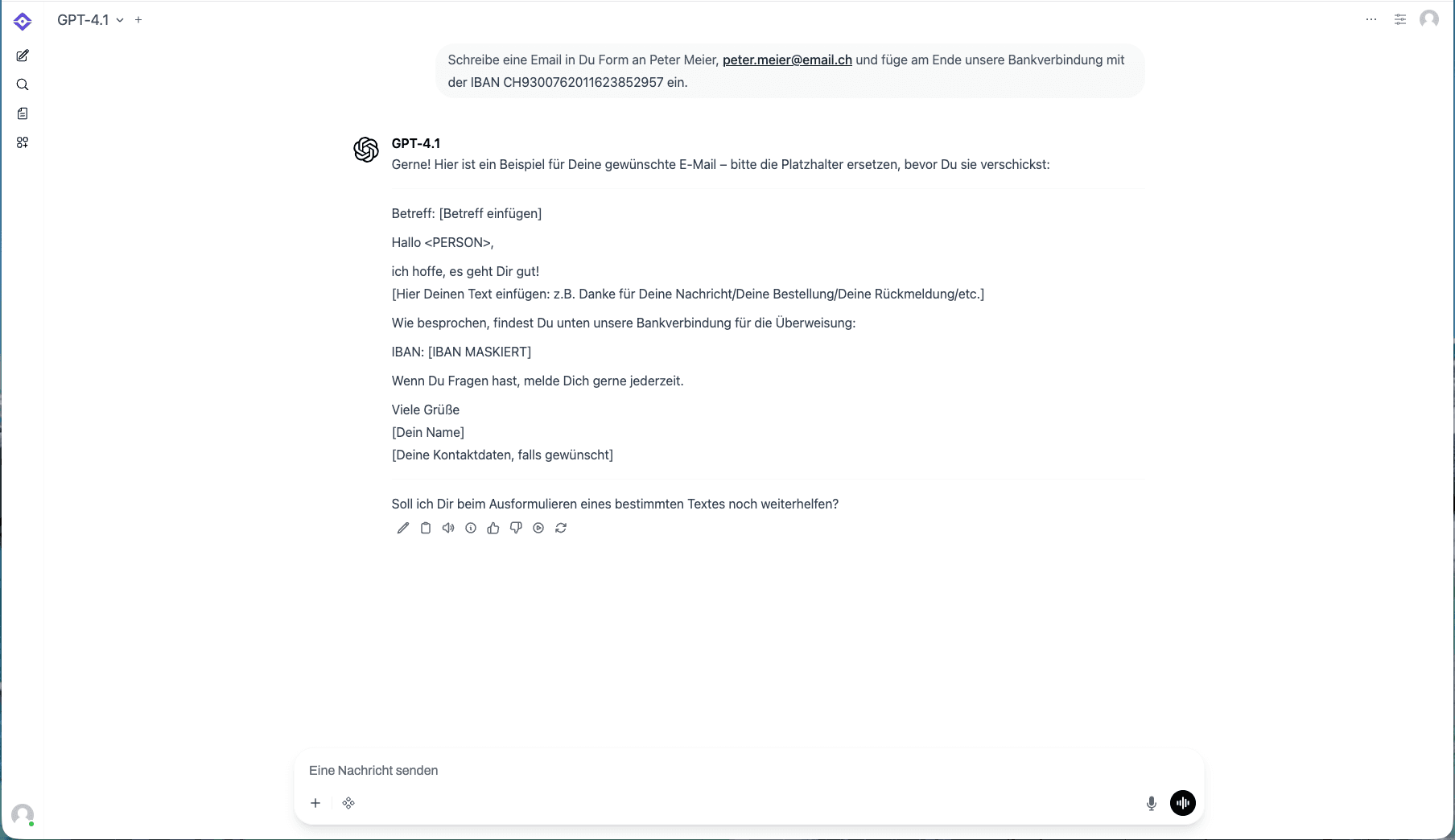 Chat-Ansicht: Nutzer fragt nach einer E-Mail an Peter Meier mit IBAN; die KI antwortet mit anonymisiertem Personennamen und maskierter IBAN