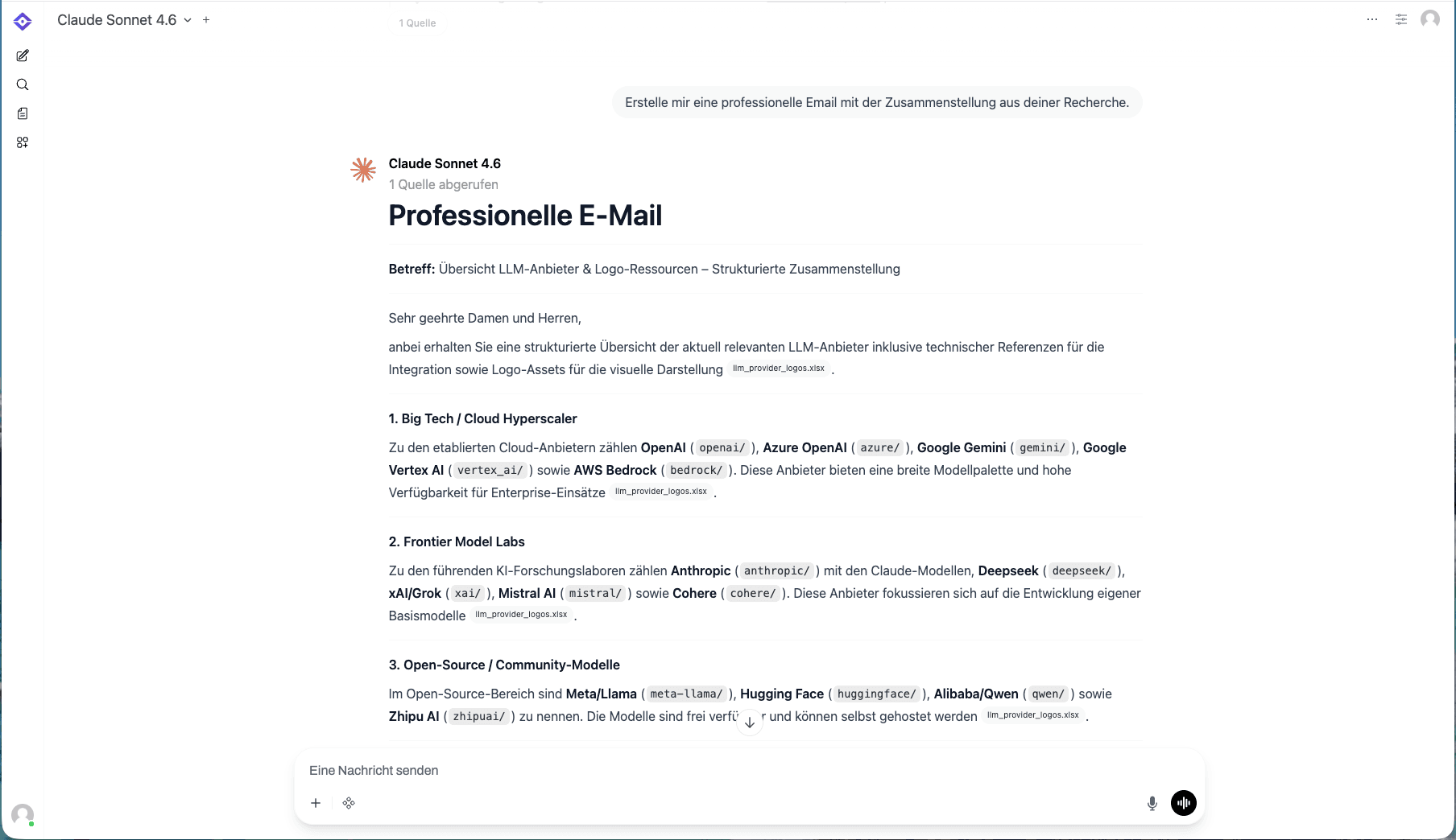 visibus KI-Chat mit Claude Sonnet 4.6 - strukturierte Antwort zu LLM-Anbietern
